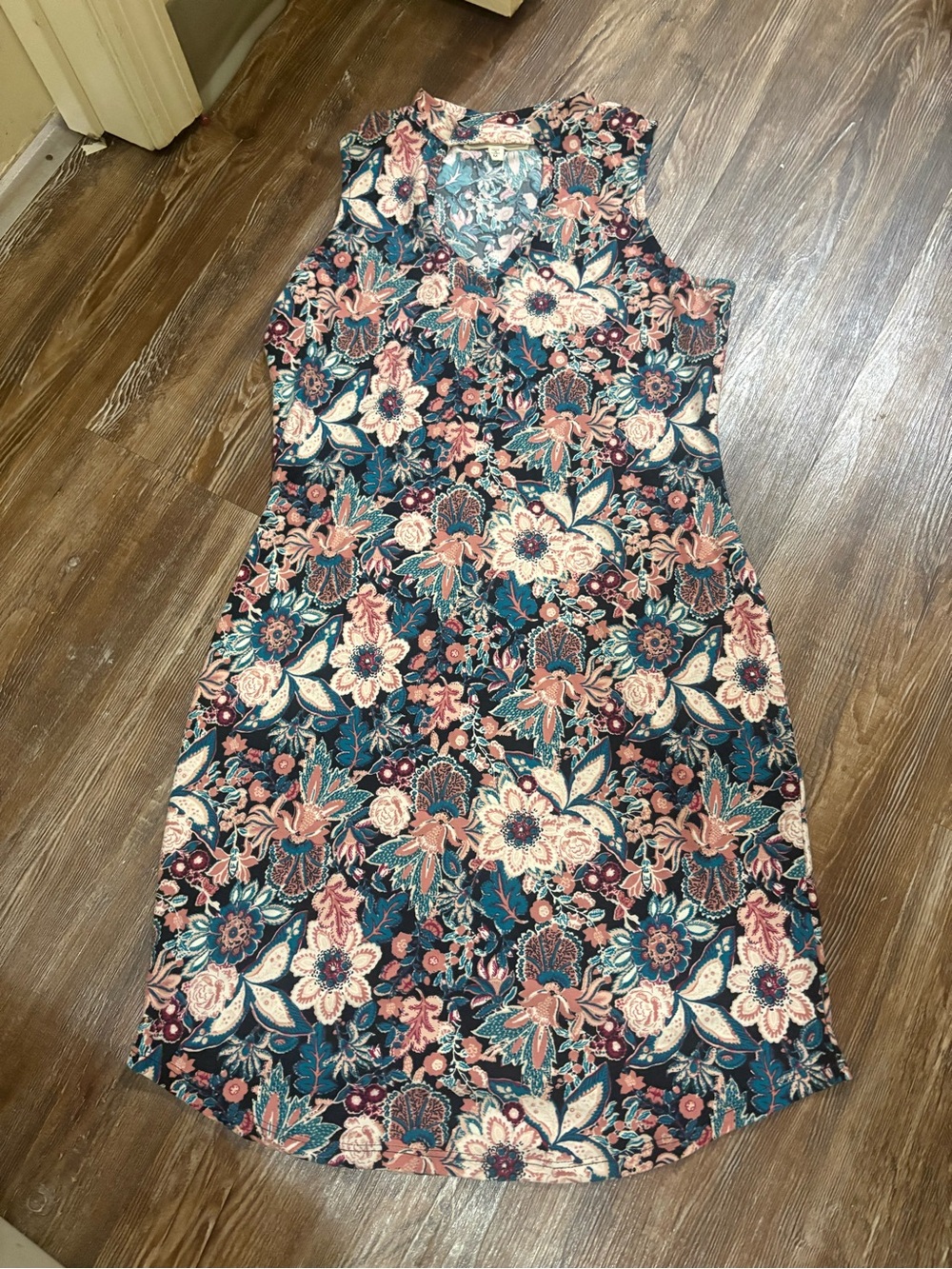 Floral Sleeveless Shift Dress in Teal and Peach